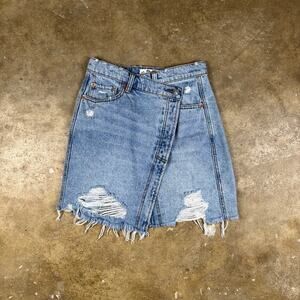 Free People Parker Wrap Mini Skirt Women’s 25 Blue Distressed Denim Raw Hem